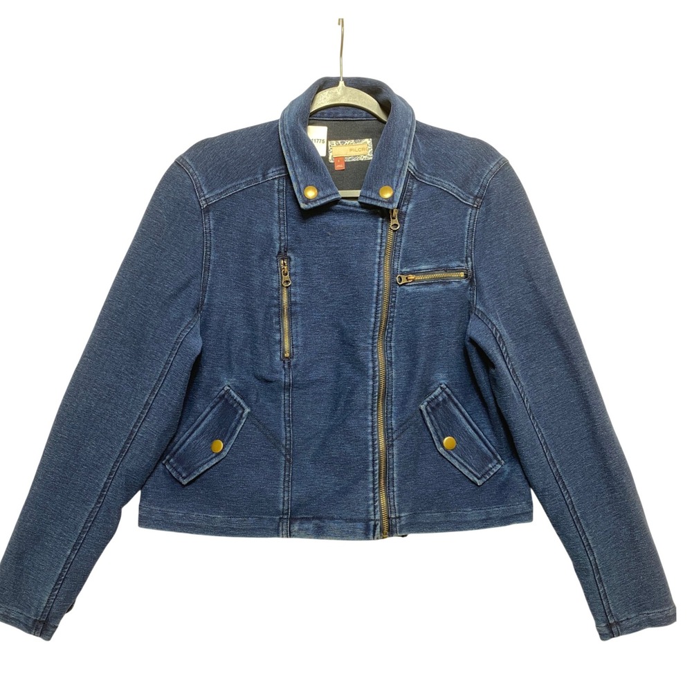 Pilcro Moto Jacket Womens S Blue Denim Asymmetrical Zip Stretch Anthropologie